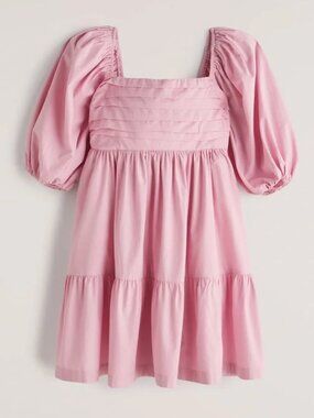 Abercrombie Ruched Puff Sleeve Poplin Mini Dress Pink